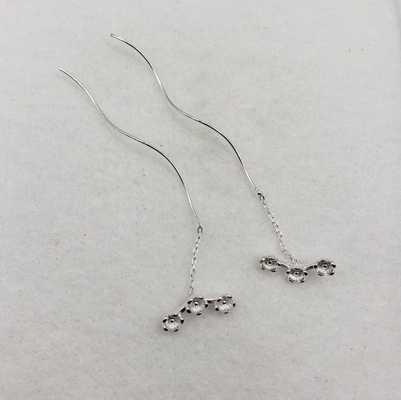 Sterling Silver Threaded Flower Drop Earrigns Dangle Minimalist Simple Jewelry - Picture 2 of 6